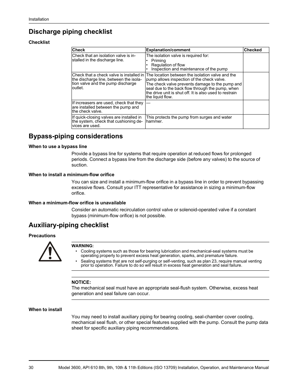 Discharge piping checklist, Bypass-piping considerations, Auxiliary-piping checklist | Goulds Pumps 3600 - IOM User Manual | Page 32 / 110
