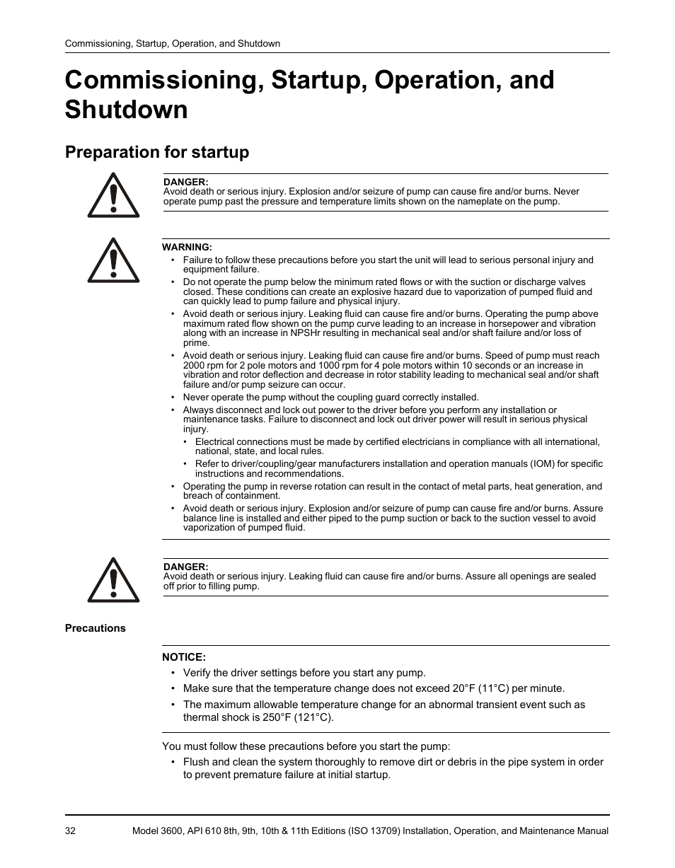 Commissioning, startup, operation, and shutdown, Preparation for startup | Goulds Pumps 3600 - IOM User Manual | Page 34 / 110