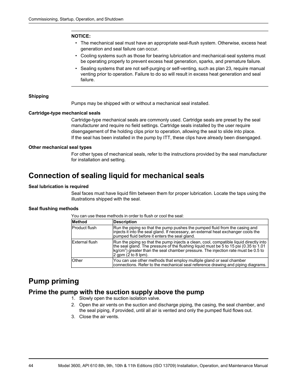 Connection of sealing liquid for mechanical seals, Pump priming | Goulds Pumps 3600 - IOM User Manual | Page 46 / 110