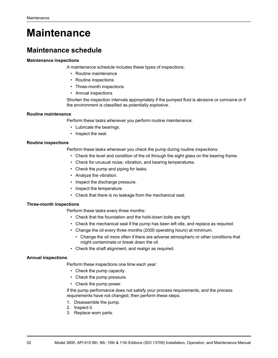 Maintenance, Maintenance schedule | Goulds Pumps 3600 - IOM User Manual | Page 54 / 110