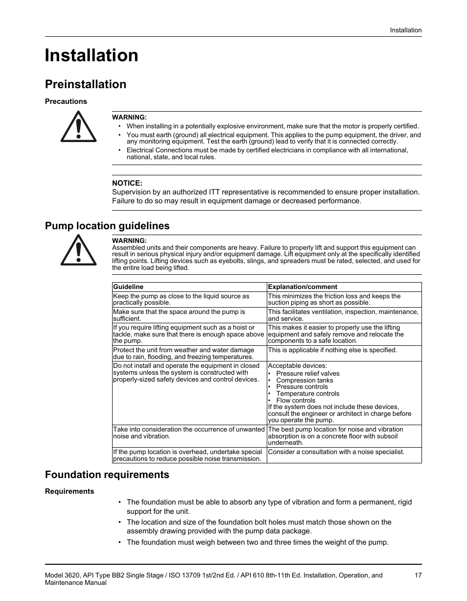 Installation, Preinstallation, Pump location guidelines | Foundation requirements, Pump location guidelines foundation requirements | Goulds Pumps 3620 - IOM User Manual | Page 19 / 98