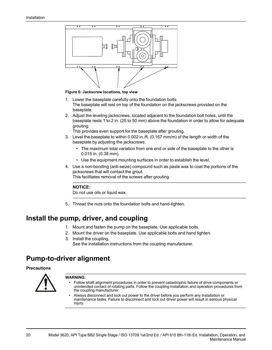 Install the pump, driver, and coupling, Pump-to-driver alignment | Goulds Pumps 3620 - IOM User Manual | Page 22 / 98