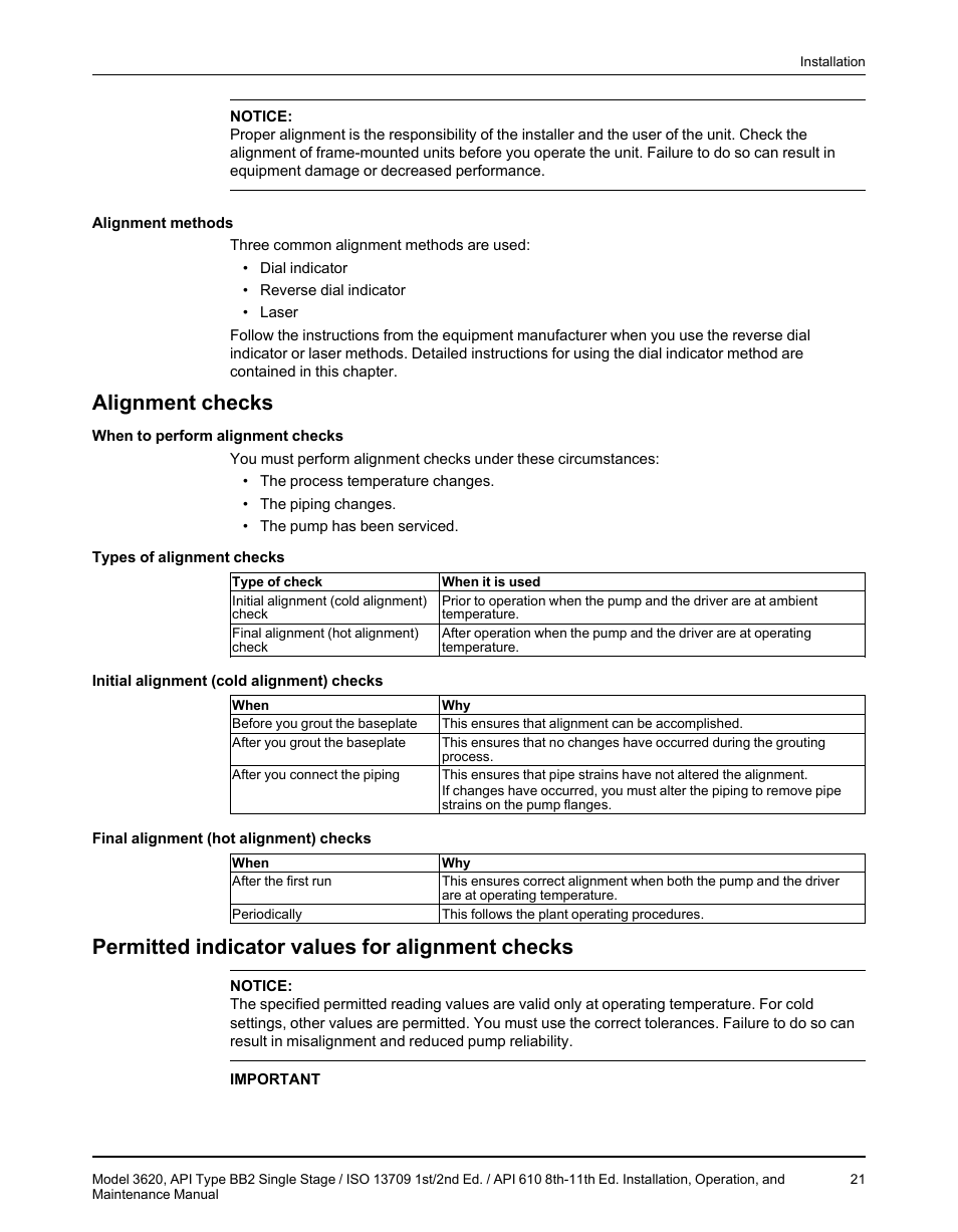 Alignment checks, Permitted indicator values for alignment checks | Goulds Pumps 3620 - IOM User Manual | Page 23 / 98