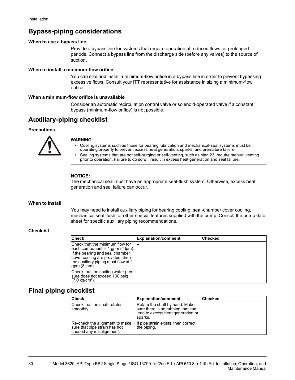 Bypass-piping considerations, Auxiliary-piping checklist, Final piping checklist | Goulds Pumps 3620 - IOM User Manual | Page 32 / 98