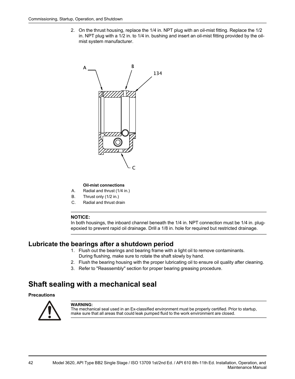 Lubricate the bearings after a shutdown period, Shaft sealing with a mechanical seal | Goulds Pumps 3620 - IOM User Manual | Page 44 / 98