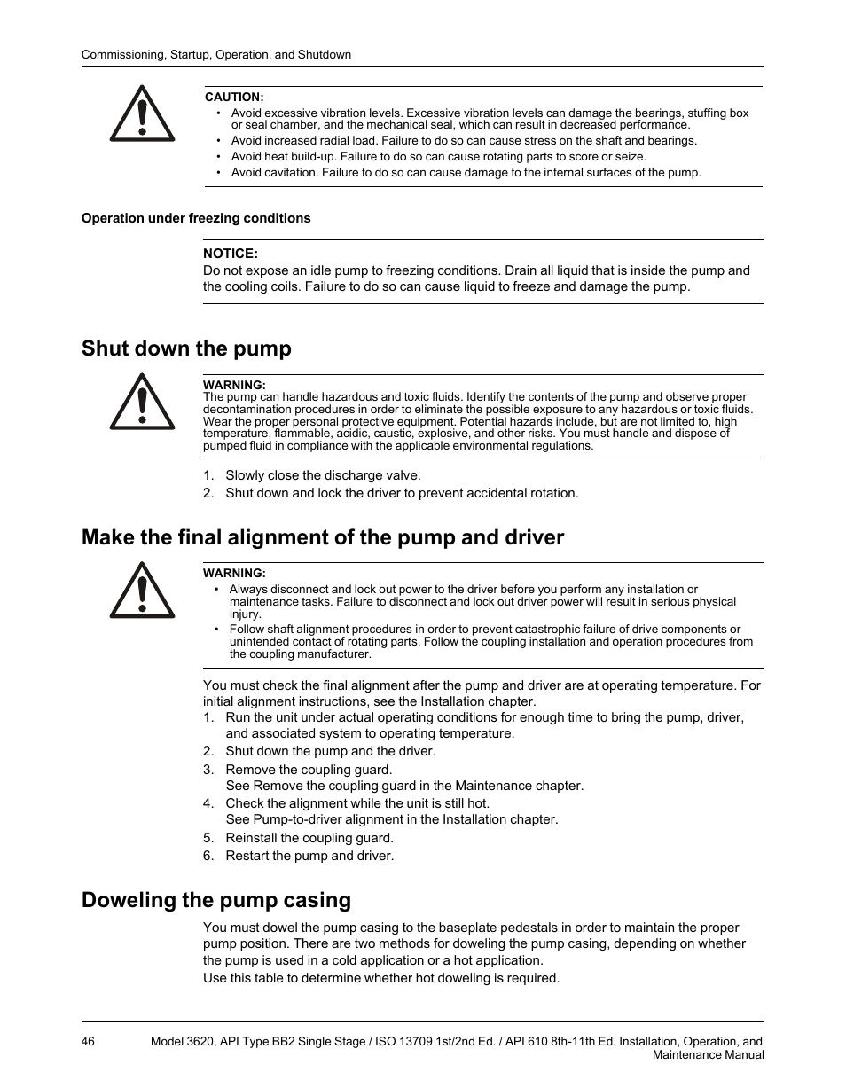 Shut down the pump, Make the final alignment of the pump and driver, Doweling the pump casing | Goulds Pumps 3620 - IOM User Manual | Page 48 / 98