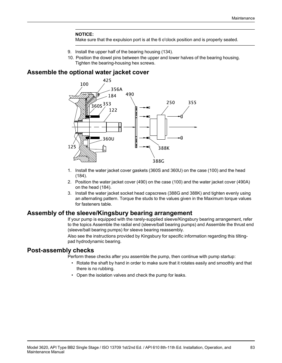 Assemble the optional water jacket cover, Post-assembly checks | Goulds Pumps 3620 - IOM User Manual | Page 85 / 98