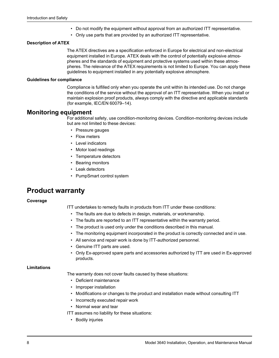 Monitoring equipment, Product warranty | Goulds Pumps 3640 - IOM User Manual | Page 10 / 98