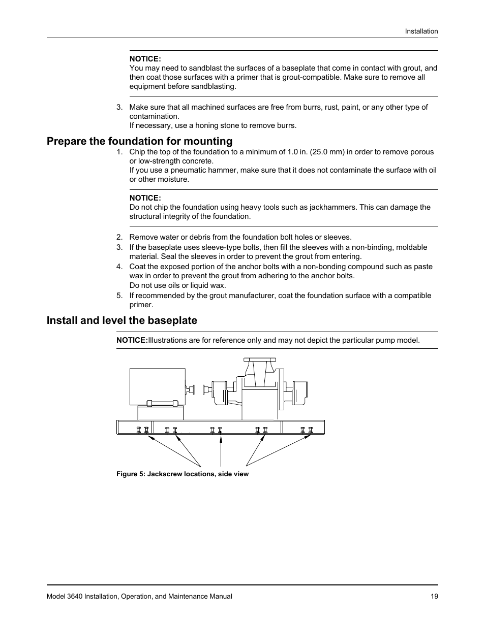 Prepare the foundation for mounting, Install and level the baseplate | Goulds Pumps 3640 - IOM User Manual | Page 21 / 98