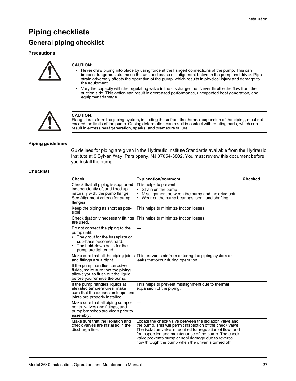 Piping checklists, General piping checklist | Goulds Pumps 3640 - IOM User Manual | Page 29 / 98