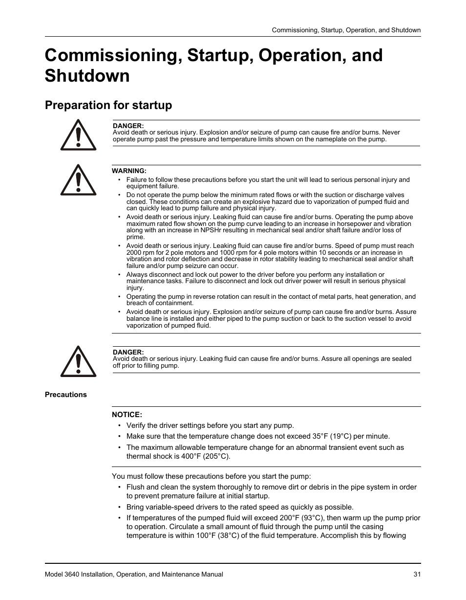 Commissioning, startup, operation, and shutdown, Preparation for startup | Goulds Pumps 3640 - IOM User Manual | Page 33 / 98