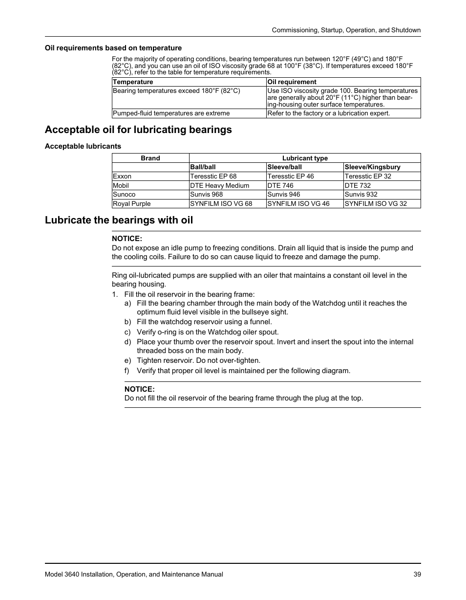 Acceptable oil for lubricating bearings, Lubricate the bearings with oil | Goulds Pumps 3640 - IOM User Manual | Page 41 / 98