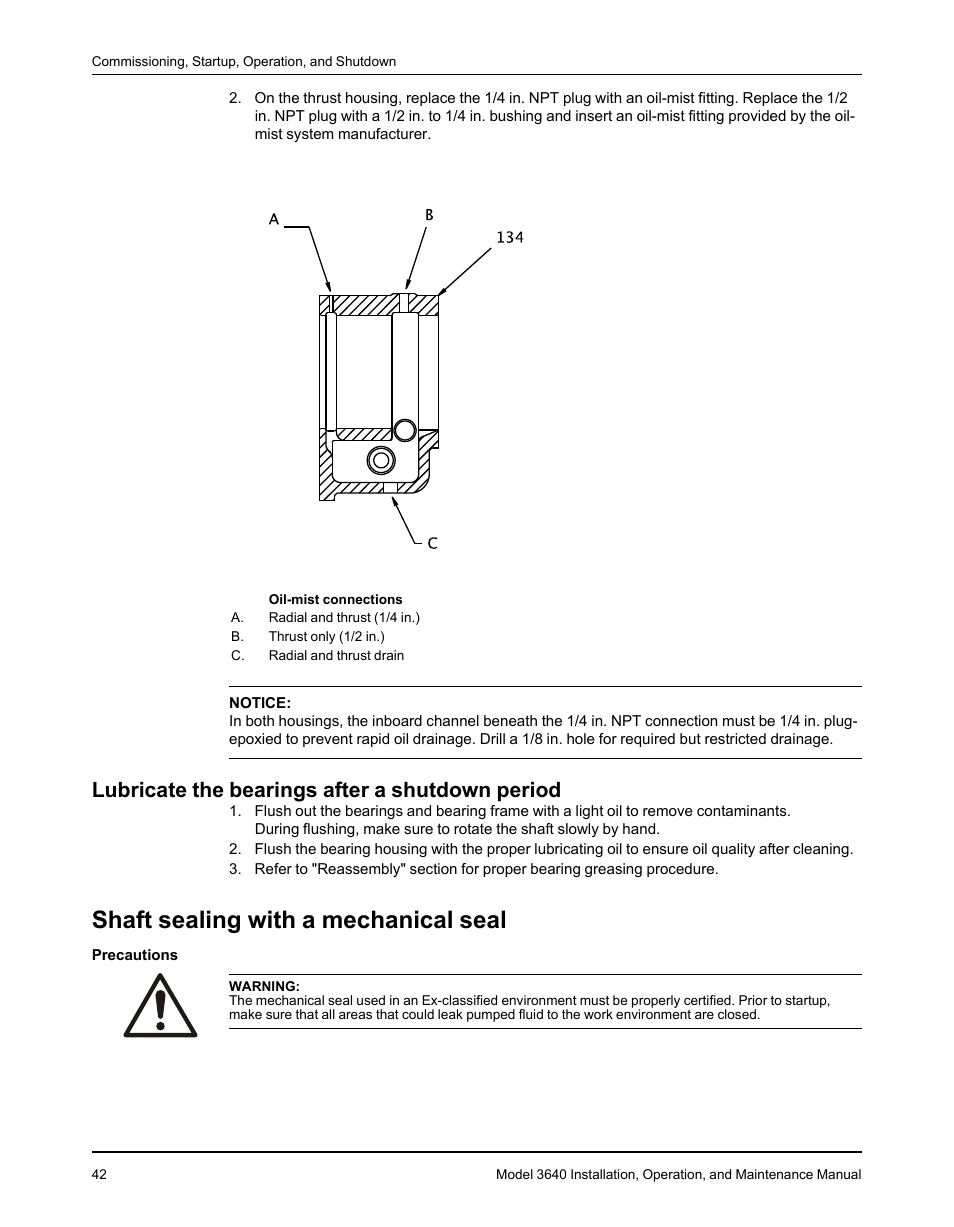 Lubricate the bearings after a shutdown period, Shaft sealing with a mechanical seal | Goulds Pumps 3640 - IOM User Manual | Page 44 / 98