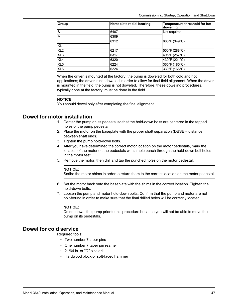 Dowel for motor installation, Dowel for cold service | Goulds Pumps 3640 - IOM User Manual | Page 49 / 98