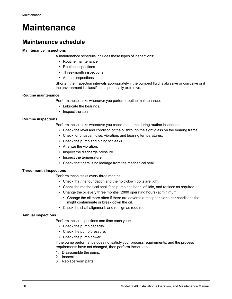 Maintenance, Maintenance schedule | Goulds Pumps 3640 - IOM User Manual | Page 52 / 98