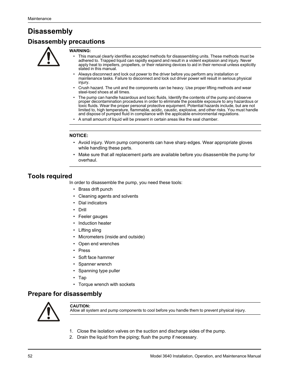 Disassembly, Disassembly precautions, Tools required | Prepare for disassembly | Goulds Pumps 3640 - IOM User Manual | Page 54 / 98