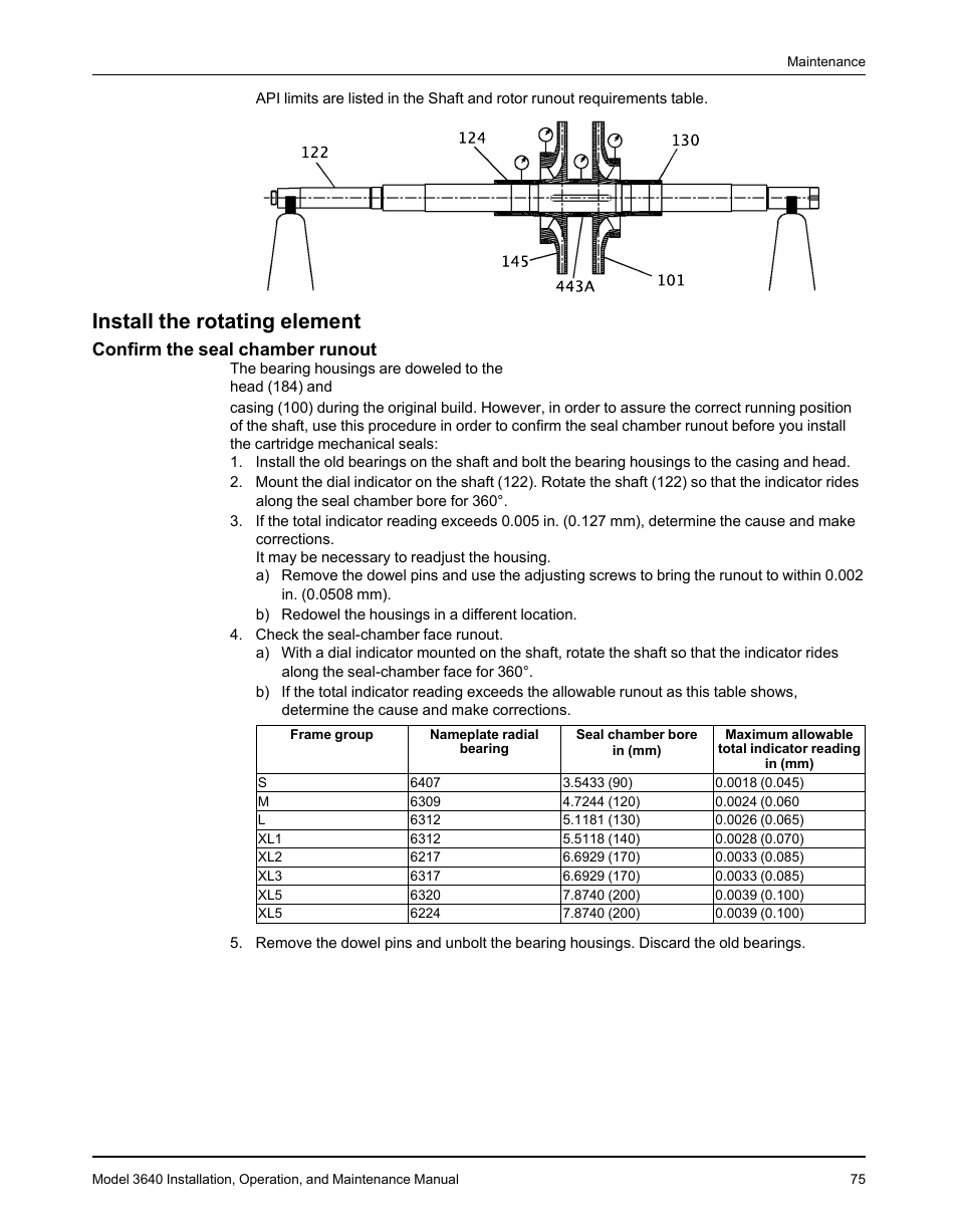 Install the rotating element, Confirm the seal chamber runout | Goulds Pumps 3640 - IOM User Manual | Page 77 / 98