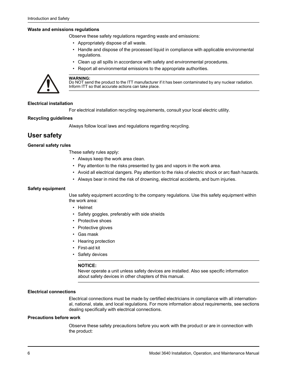 User safety | Goulds Pumps 3640 - IOM User Manual | Page 8 / 98