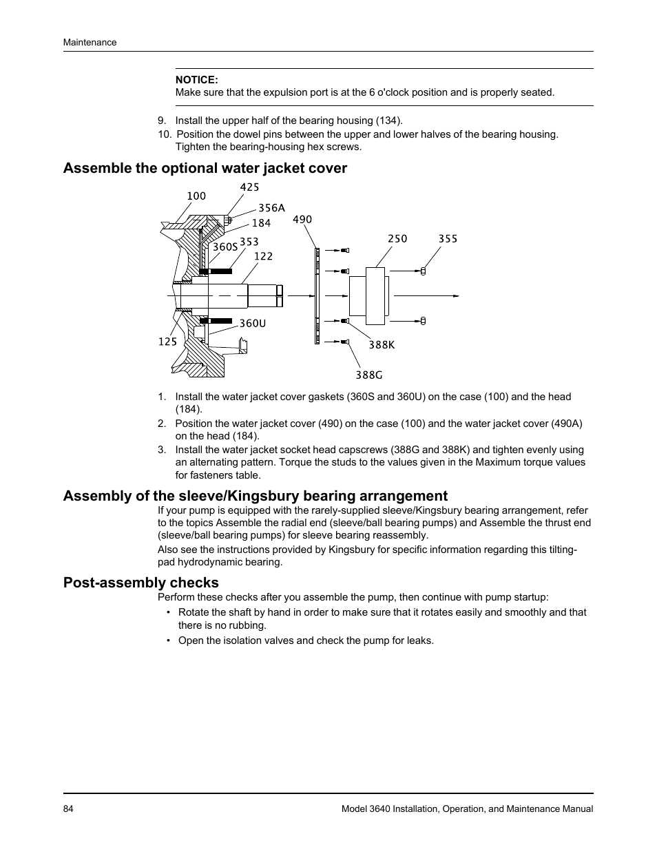 Assemble the optional water jacket cover, Post-assembly checks | Goulds Pumps 3640 - IOM User Manual | Page 86 / 98