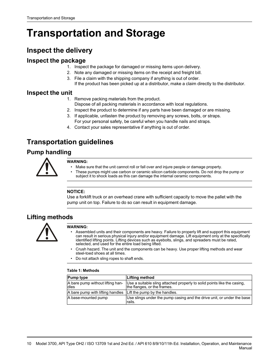 Transportation and storage, Inspect the delivery, Inspect the package | Inspect the unit, Transportation guidelines, Pump handling, Lifting methods, Inspect the package inspect the unit, Pump handling lifting methods | Goulds Pumps 3700 - IOM User Manual | Page 12 / 110