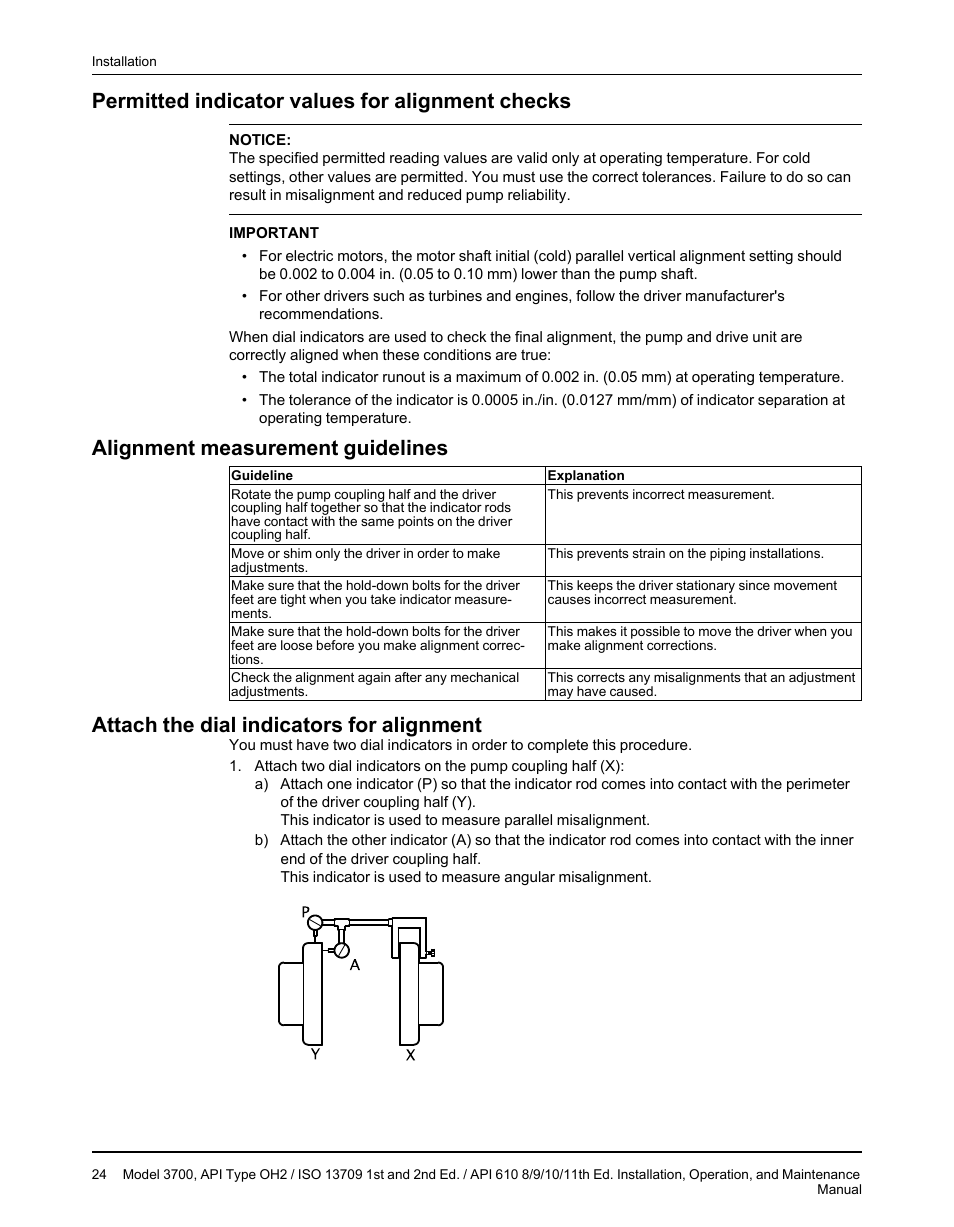 Permitted indicator values for alignment checks, Alignment measurement guidelines, Attach the dial indicators for alignment | Goulds Pumps 3700 - IOM User Manual | Page 26 / 110