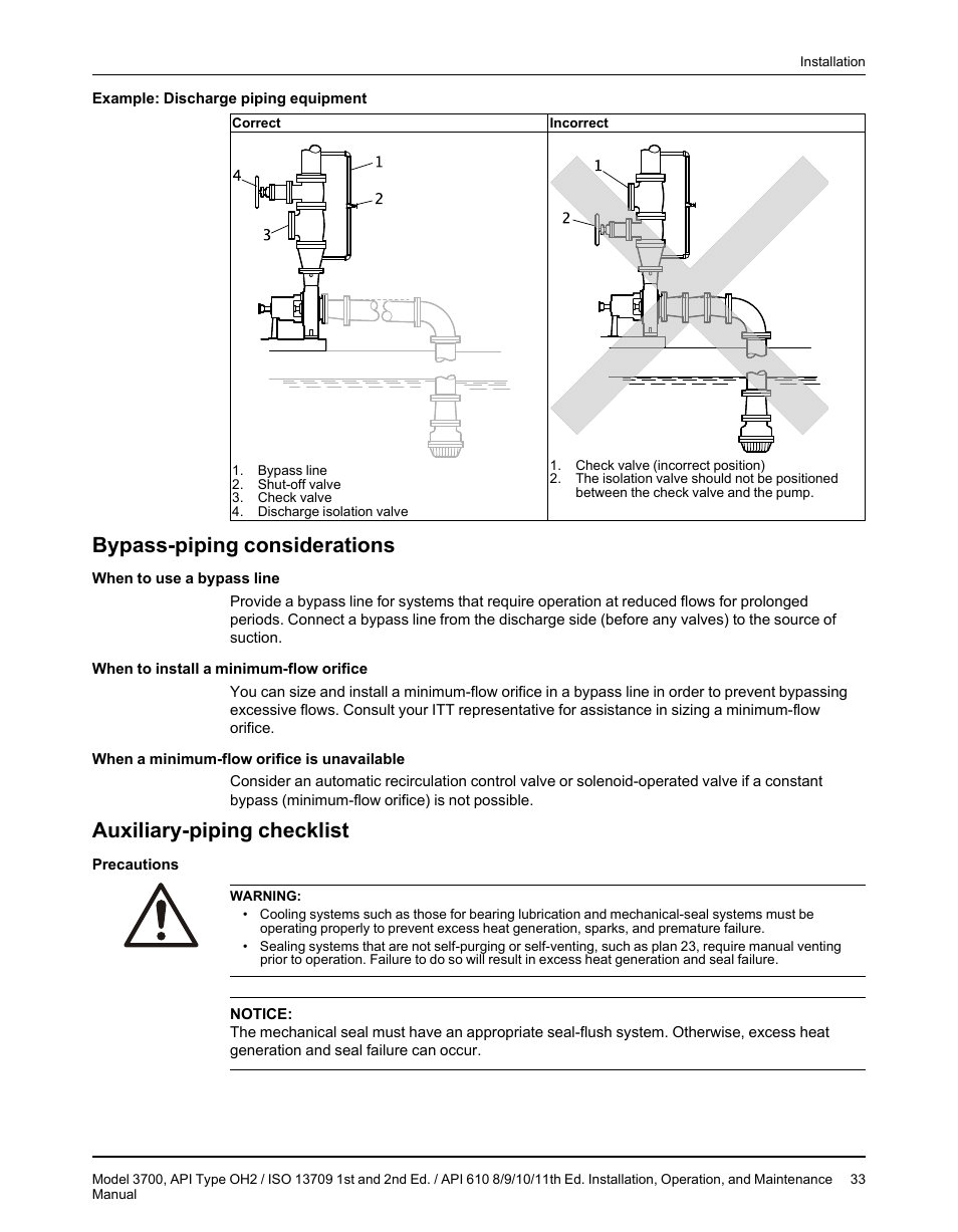 Bypass-piping considerations, Auxiliary-piping checklist | Goulds Pumps 3700 - IOM User Manual | Page 35 / 110