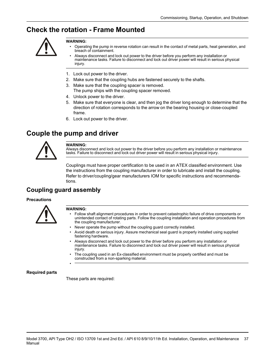 Check the rotation - frame mounted, Couple the pump and driver, Coupling guard assembly | Goulds Pumps 3700 - IOM User Manual | Page 39 / 110