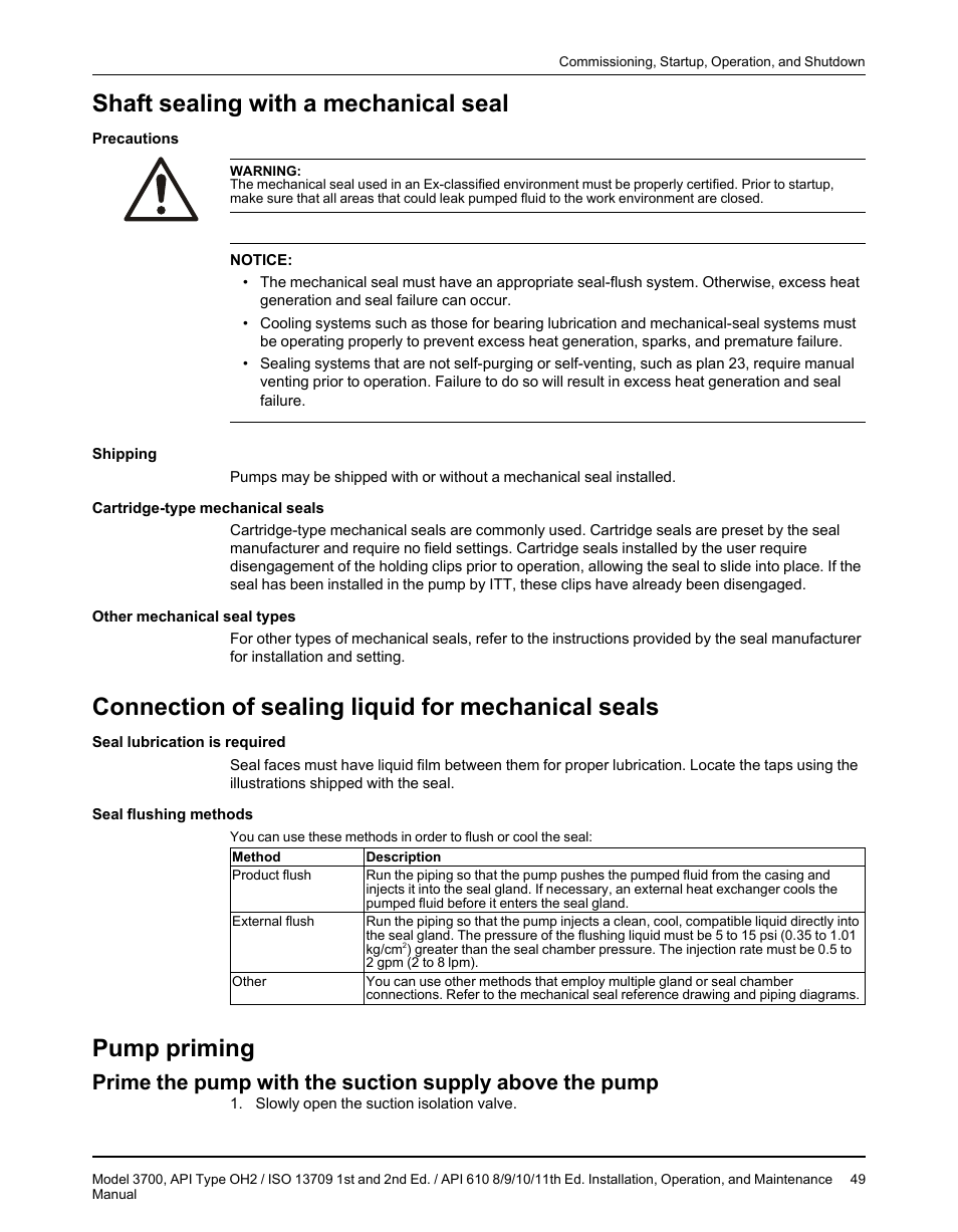 Shaft sealing with a mechanical seal, Connection of sealing liquid for mechanical seals, Pump priming | Goulds Pumps 3700 - IOM User Manual | Page 51 / 110