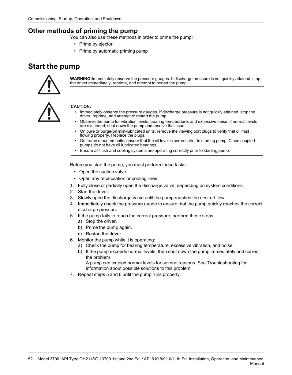 Other methods of priming the pump, Start the pump | Goulds Pumps 3700 - IOM User Manual | Page 54 / 110