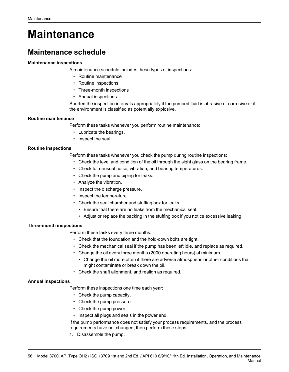 Maintenance, Maintenance schedule | Goulds Pumps 3700 - IOM User Manual | Page 58 / 110