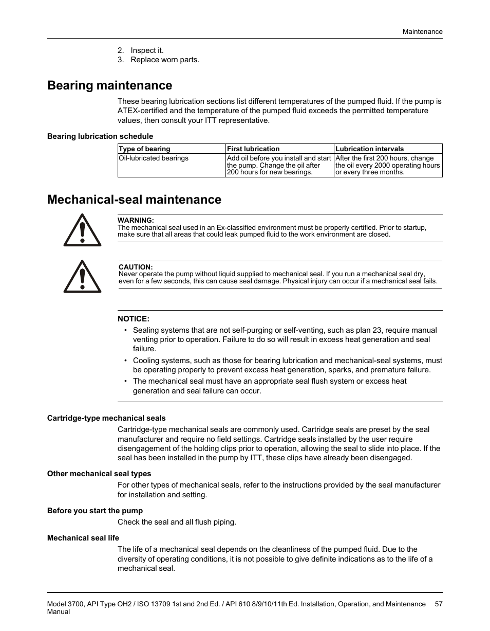 Bearing maintenance, Mechanical-seal maintenance, Bearing maintenance mechanical-seal maintenance | Goulds Pumps 3700 - IOM User Manual | Page 59 / 110