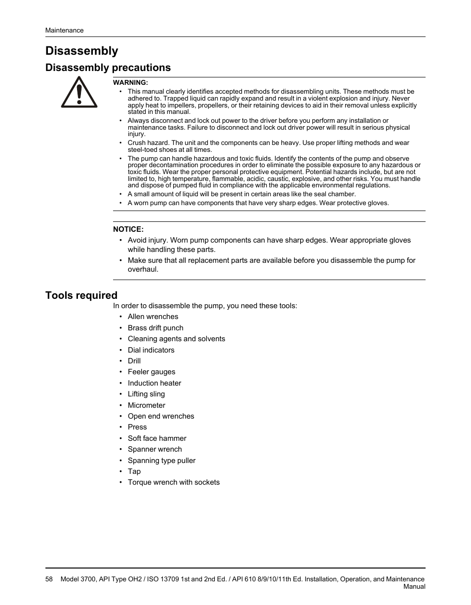 Disassembly, Disassembly precautions, Tools required | Disassembly precautions tools required | Goulds Pumps 3700 - IOM User Manual | Page 60 / 110