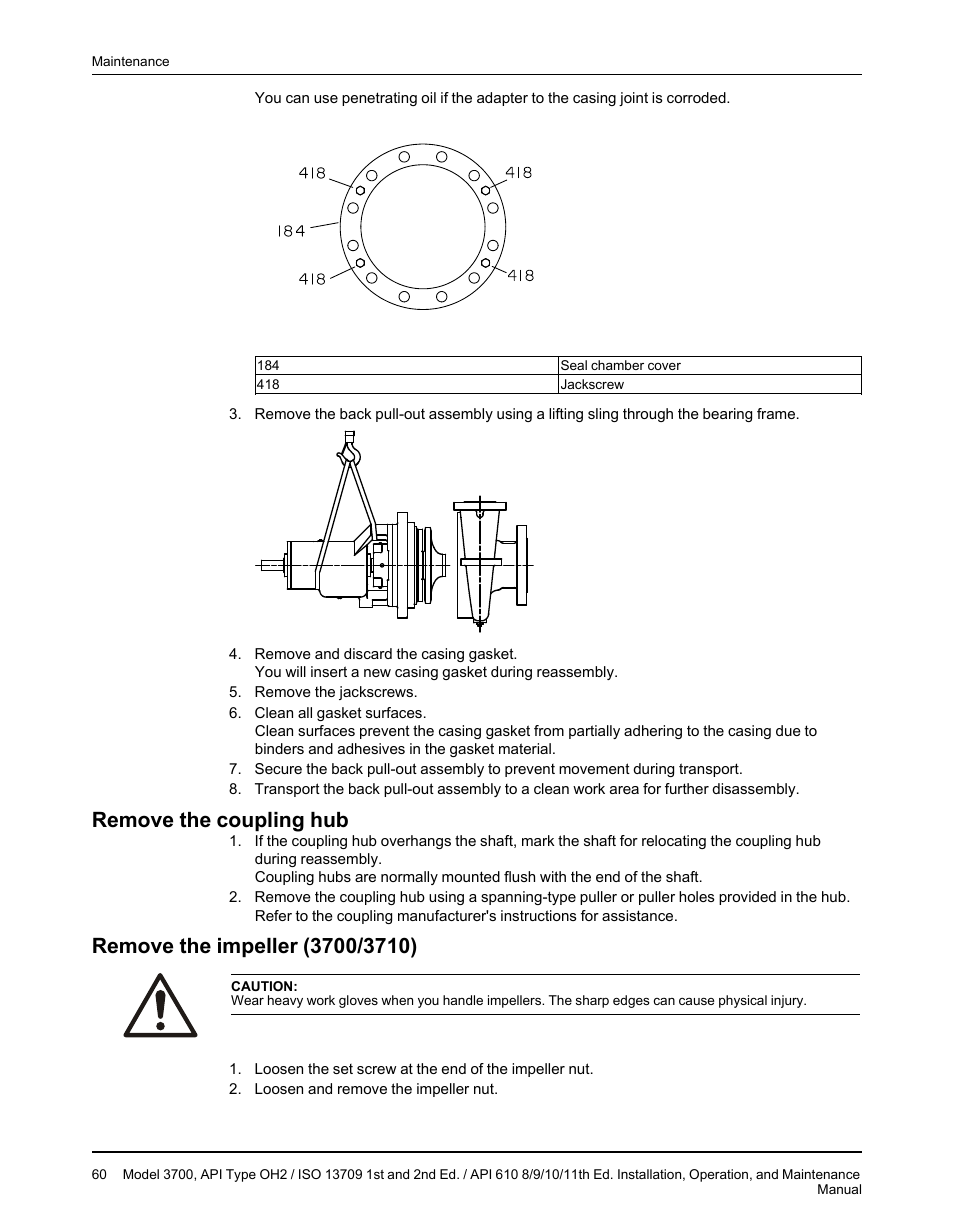 Remove the coupling hub, Remove the impeller (3700/3710) | Goulds Pumps 3700 - IOM User Manual | Page 62 / 110