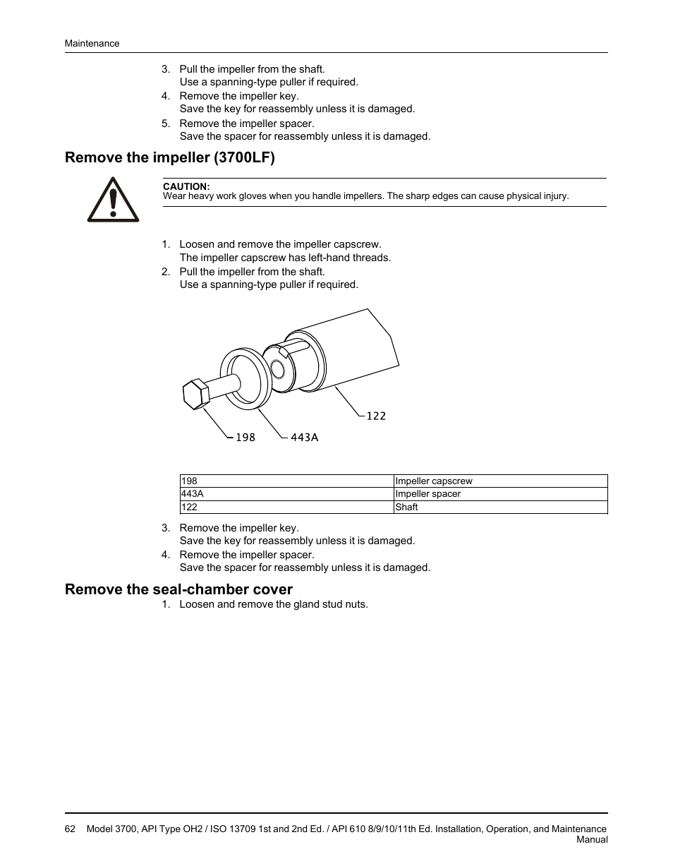 Remove the impeller (3700lf), Remove the seal-chamber cover | Goulds Pumps 3700 - IOM User Manual | Page 64 / 110