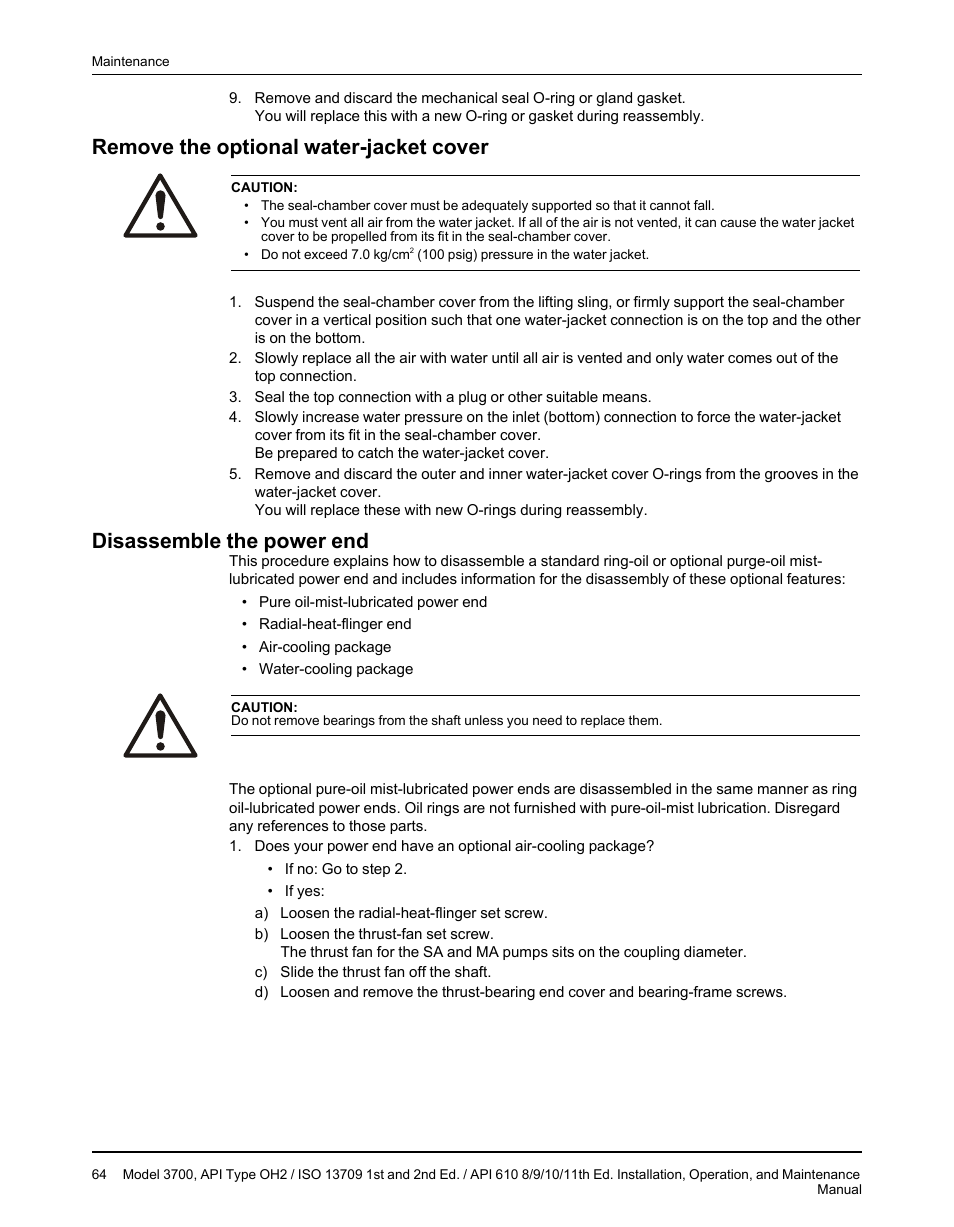 Remove the optional water-jacket cover, Disassemble the power end | Goulds Pumps 3700 - IOM User Manual | Page 66 / 110