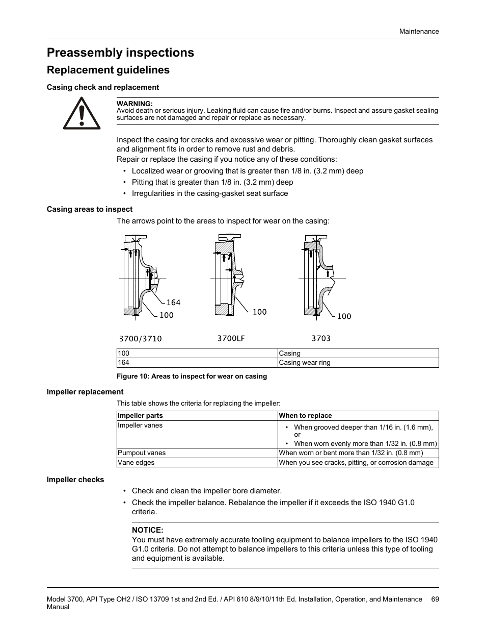 Preassembly inspections, Replacement guidelines | Goulds Pumps 3700 - IOM User Manual | Page 71 / 110