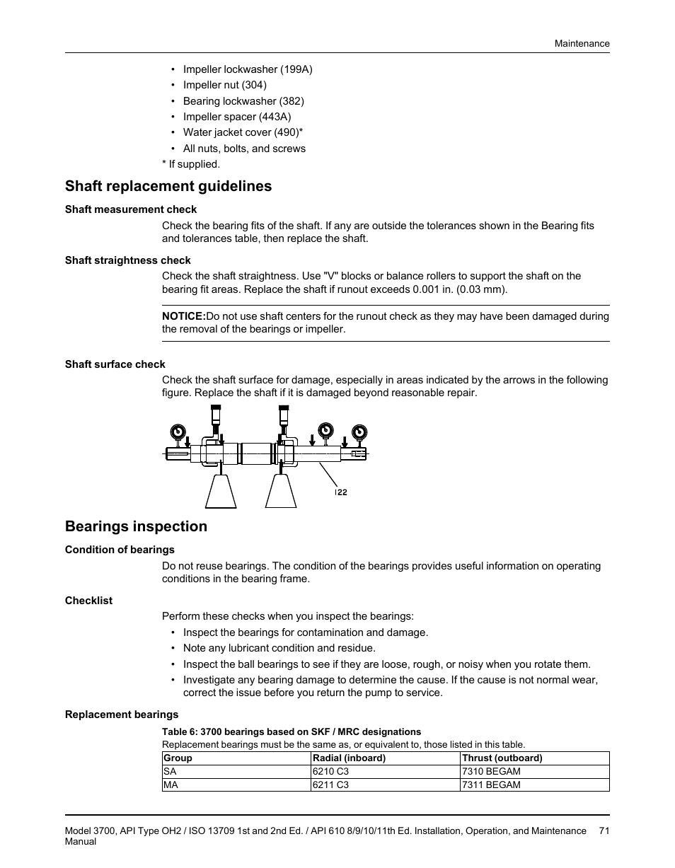 Shaft replacement guidelines, Bearings inspection, Shaft replacement guidelines bearings inspection | Goulds Pumps 3700 - IOM User Manual | Page 73 / 110