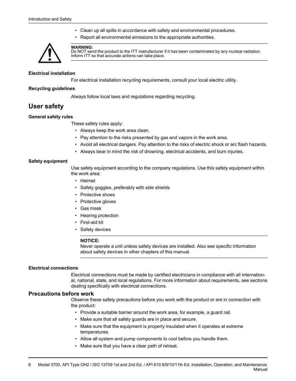 User safety, Precautions before work | Goulds Pumps 3700 - IOM User Manual | Page 8 / 110