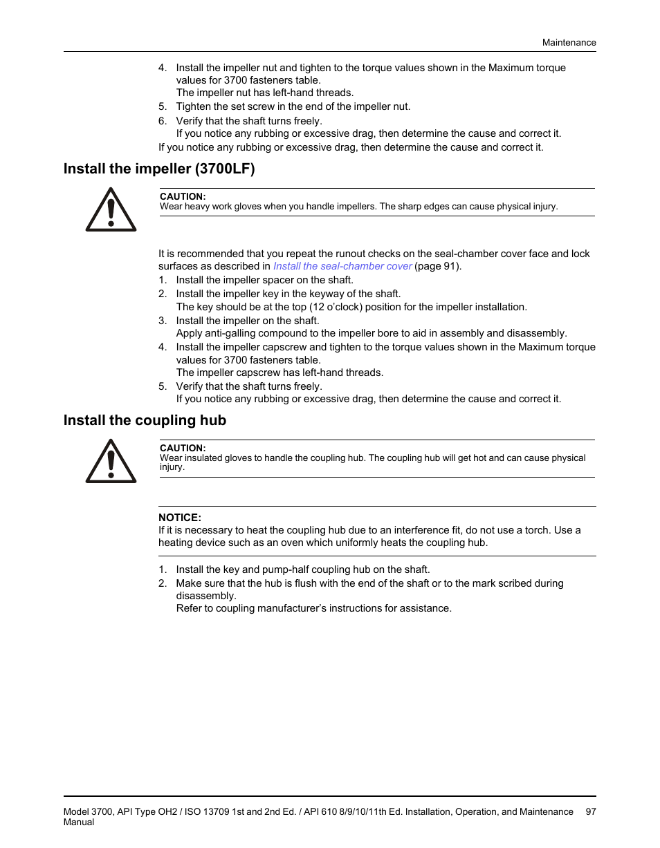 Install the impeller (3700lf), Install the coupling hub | Goulds Pumps 3700 - IOM User Manual | Page 99 / 110