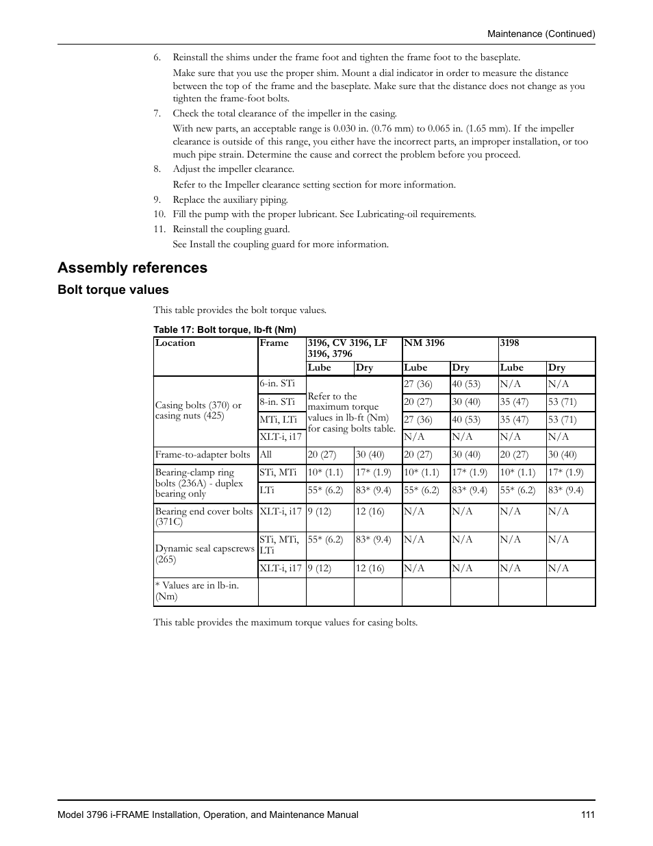 Assembly references, Bolt torque values | Goulds Pumps 3796 i-FRAME - IOM User Manual | Page 113 / 134
