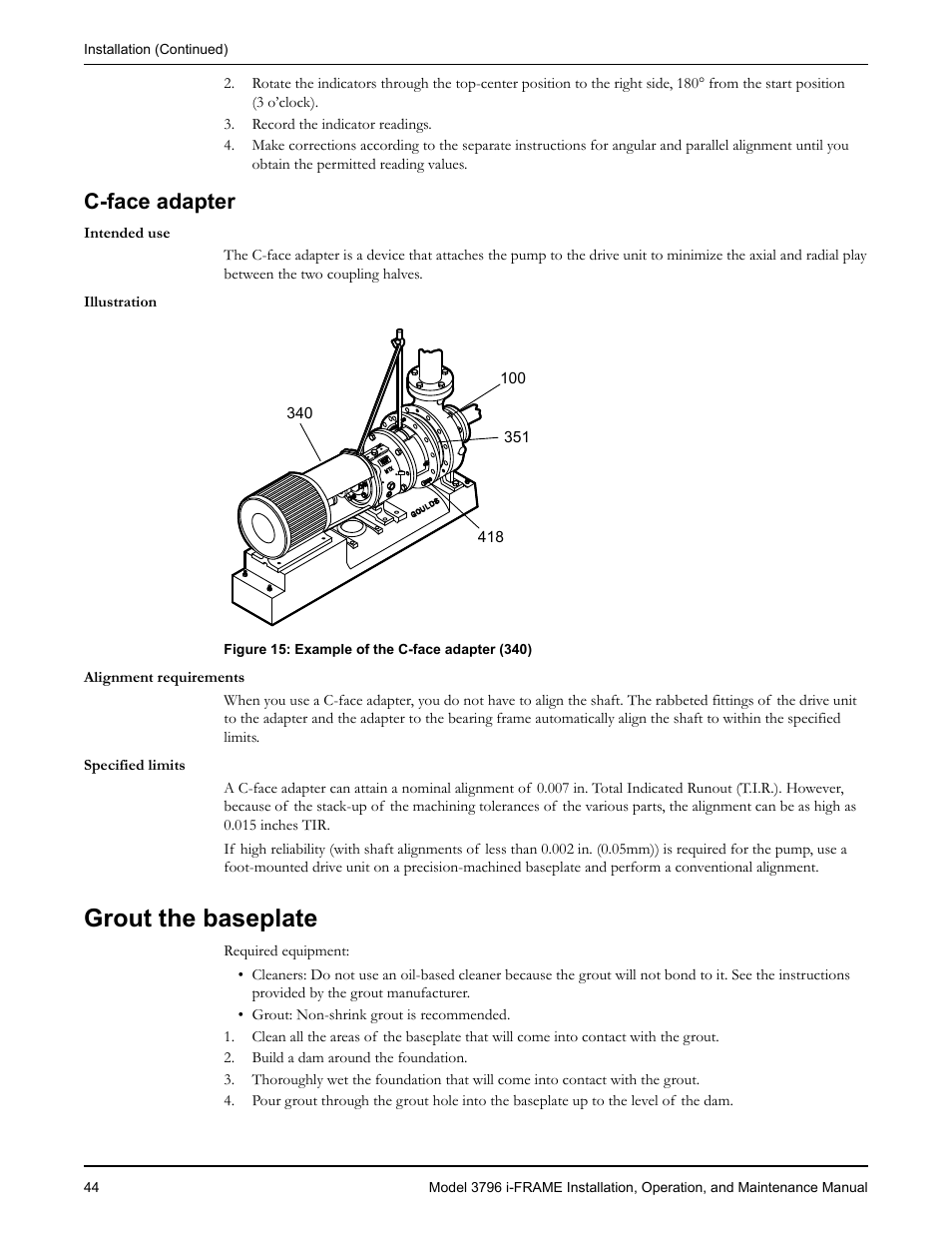 C-face adapter, Grout the baseplate | Goulds Pumps 3796 i-FRAME - IOM User Manual | Page 46 / 134