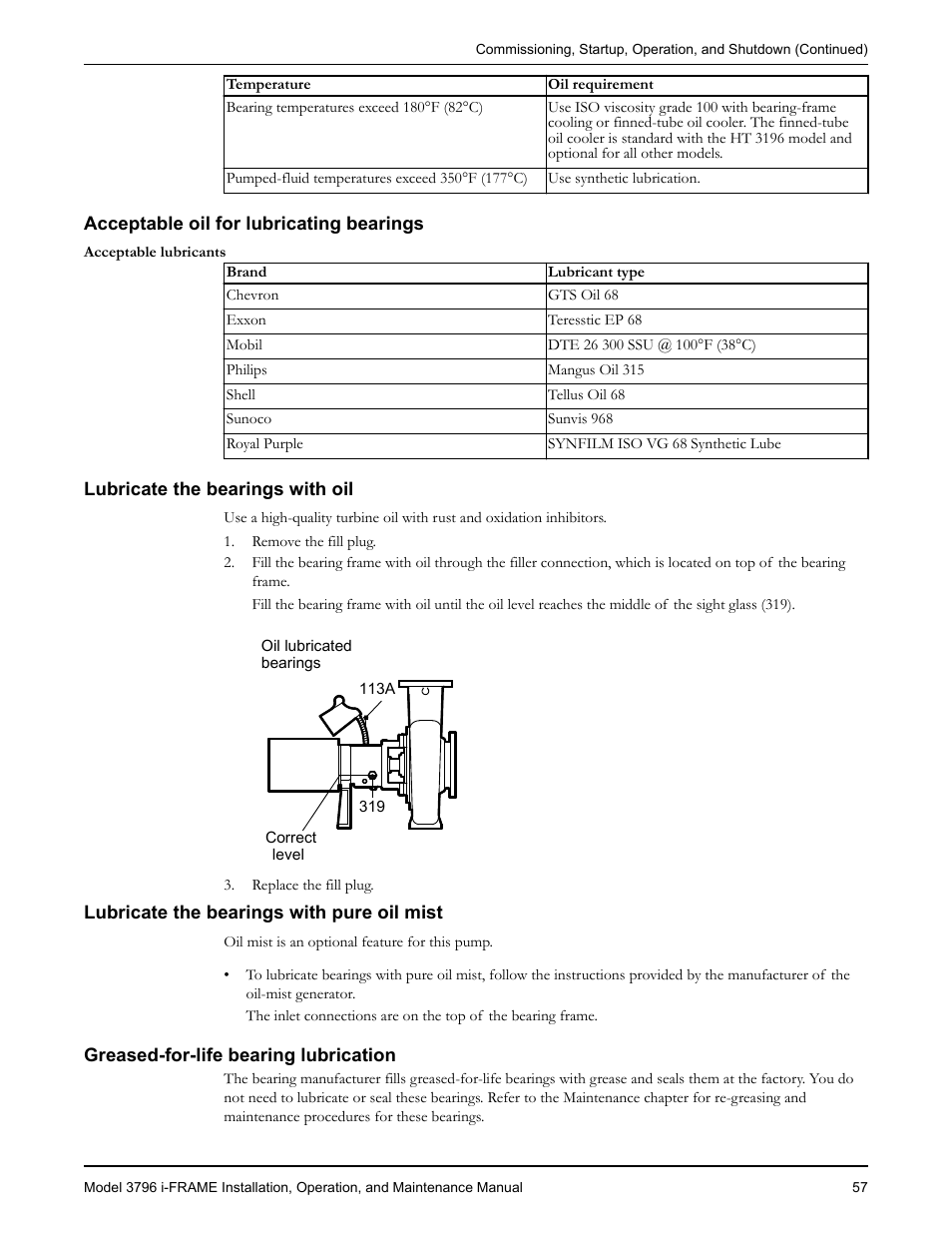 Acceptable oil for lubricating bearings, Lubricate the bearings with oil, Lubricate the bearings with pure oil mist | Greased-for-life bearing lubrication | Goulds Pumps 3796 i-FRAME - IOM User Manual | Page 59 / 134