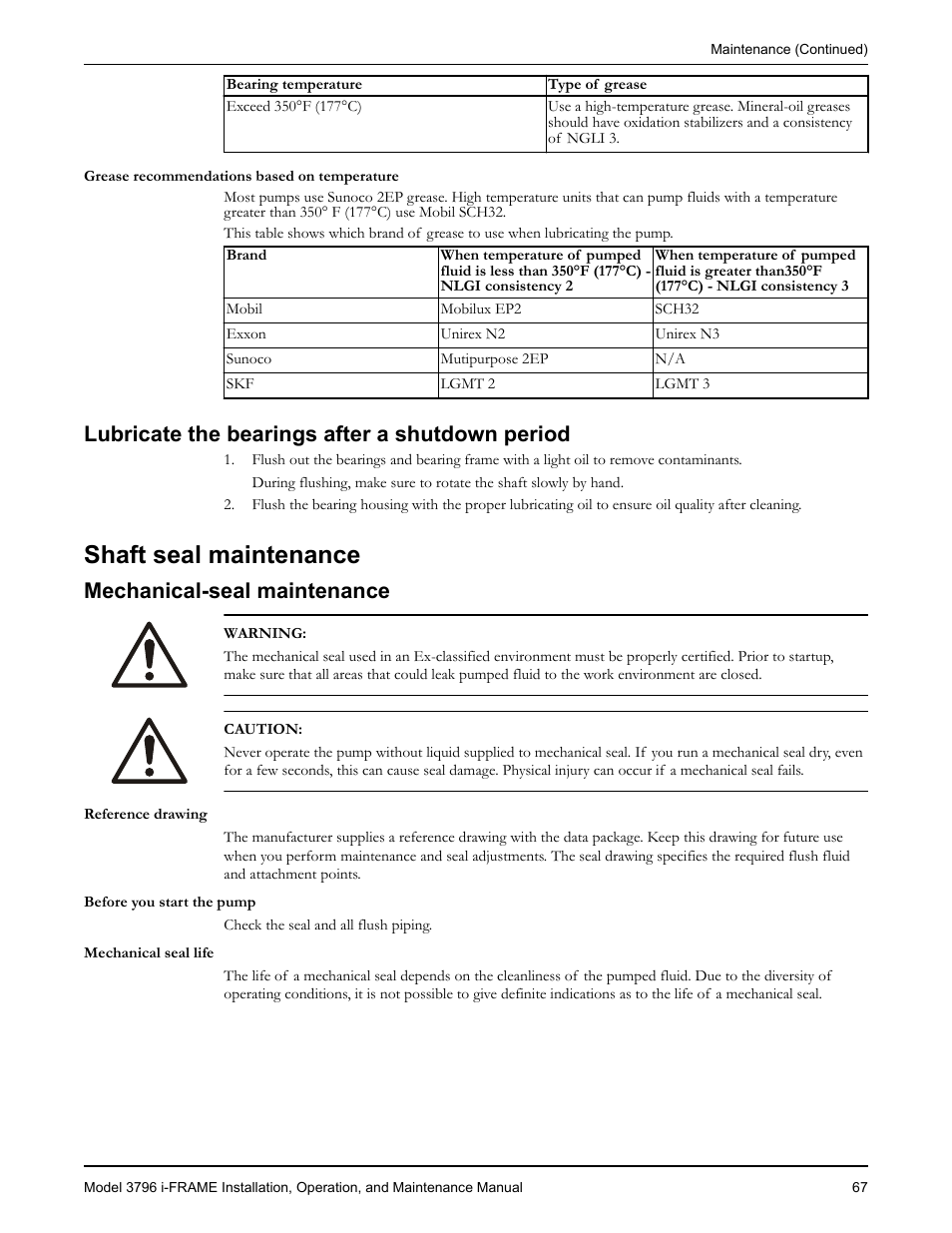 Lubricate the bearings after a shutdown period, Shaft seal maintenance, Mechanical-seal maintenance | Goulds Pumps 3796 i-FRAME - IOM User Manual | Page 69 / 134