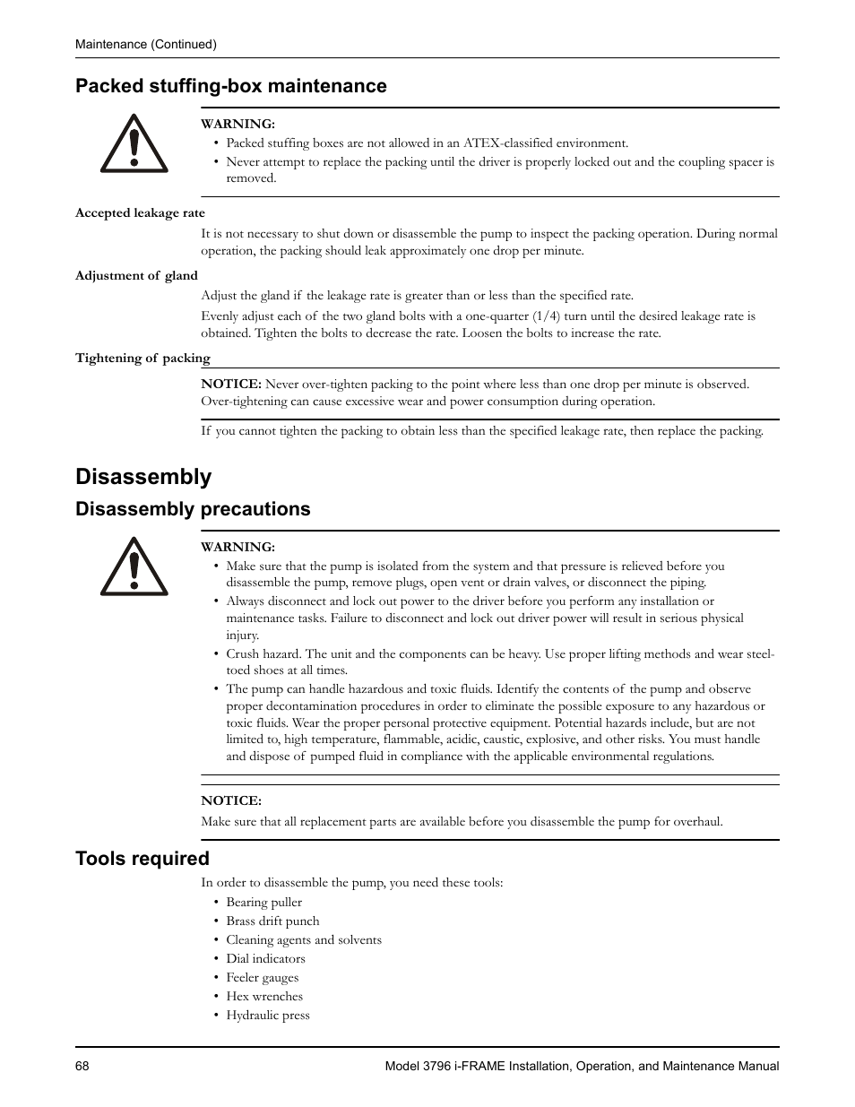 Packed stuffing-box maintenance, Disassembly, Disassembly precautions | Tools required, Ked stuffing-box maintenance, Ools required | Goulds Pumps 3796 i-FRAME - IOM User Manual | Page 70 / 134
