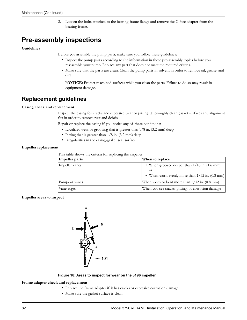 Pre-assembly inspections, Replacement guidelines, Placement guidelines | Goulds Pumps 3796 i-FRAME - IOM User Manual | Page 84 / 134