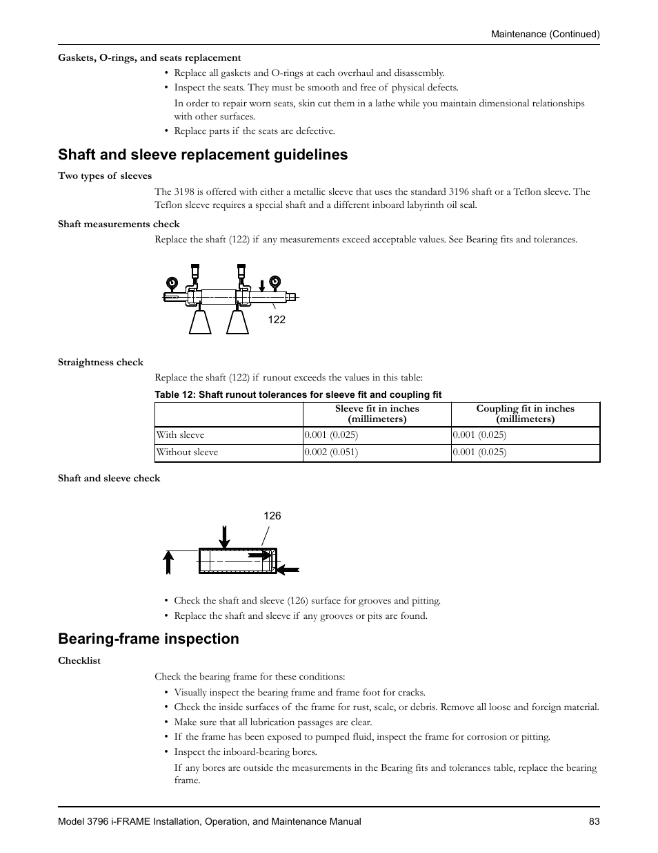 Shaft and sleeve replacement guidelines, Bearing-frame inspection | Goulds Pumps 3796 i-FRAME - IOM User Manual | Page 85 / 134