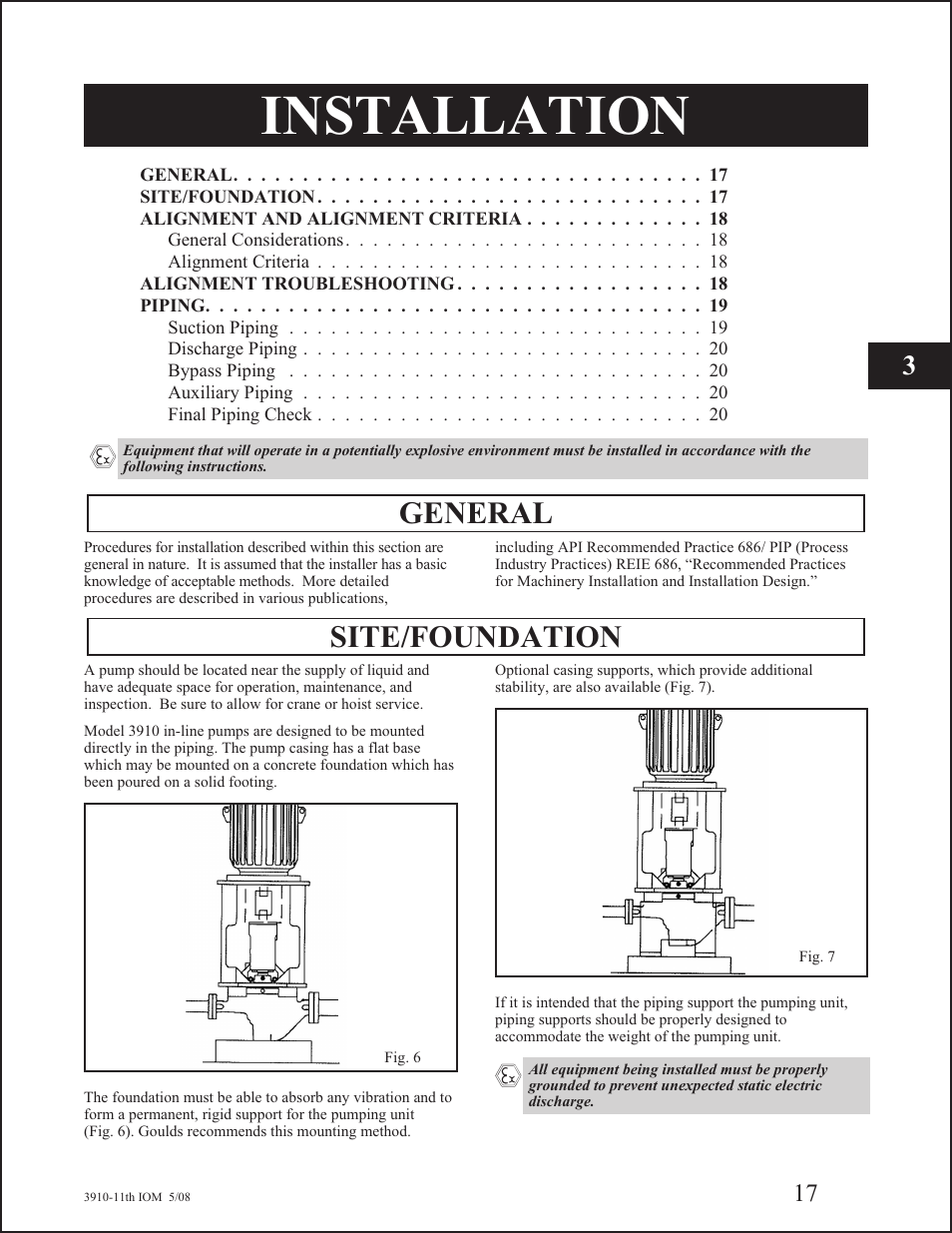 Installation, General, Site/foundation | Goulds Pumps 3910 11th ed. - IOM User Manual | Page 17 / 80