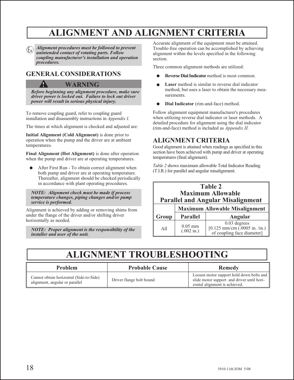 Alignment and alignment criteria, Alignment troubleshooting | Goulds Pumps 3910 11th ed. - IOM User Manual | Page 18 / 80