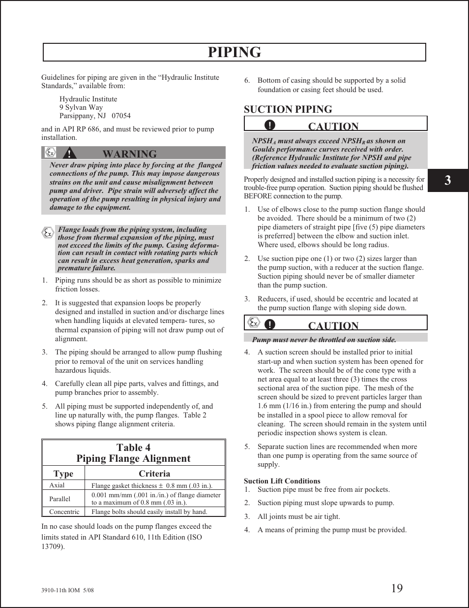 Piping, Warning, Table 4 piping flange alignment | Suction piping, Caution | Goulds Pumps 3910 11th ed. - IOM User Manual | Page 19 / 80