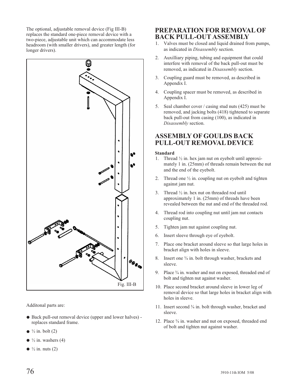 Preparation for removal of back pull-out assembly, Assembly of goulds back pull-out removal device | Goulds Pumps 3910 11th ed. - IOM User Manual | Page 76 / 80